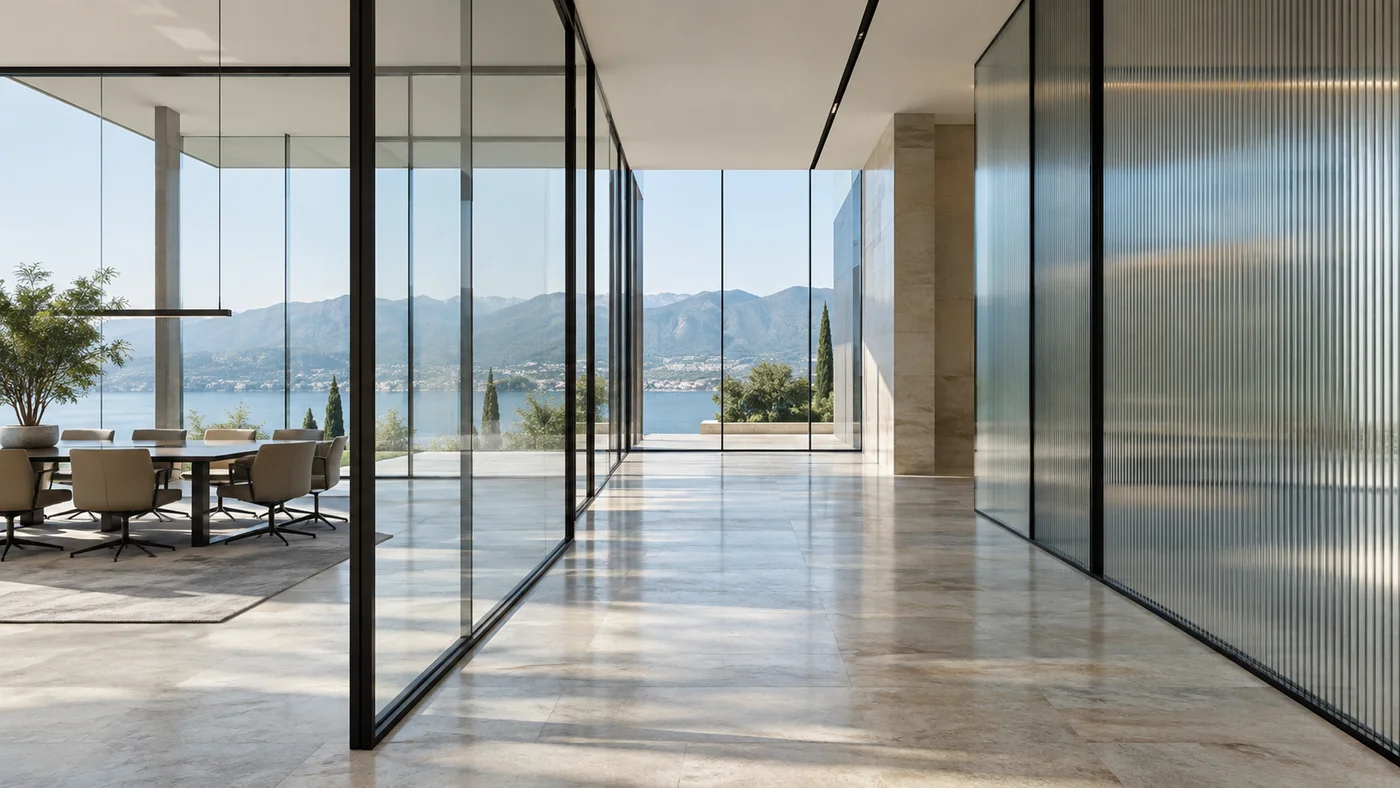 Refined architectural interior with glass partitions and softly reflected daylight